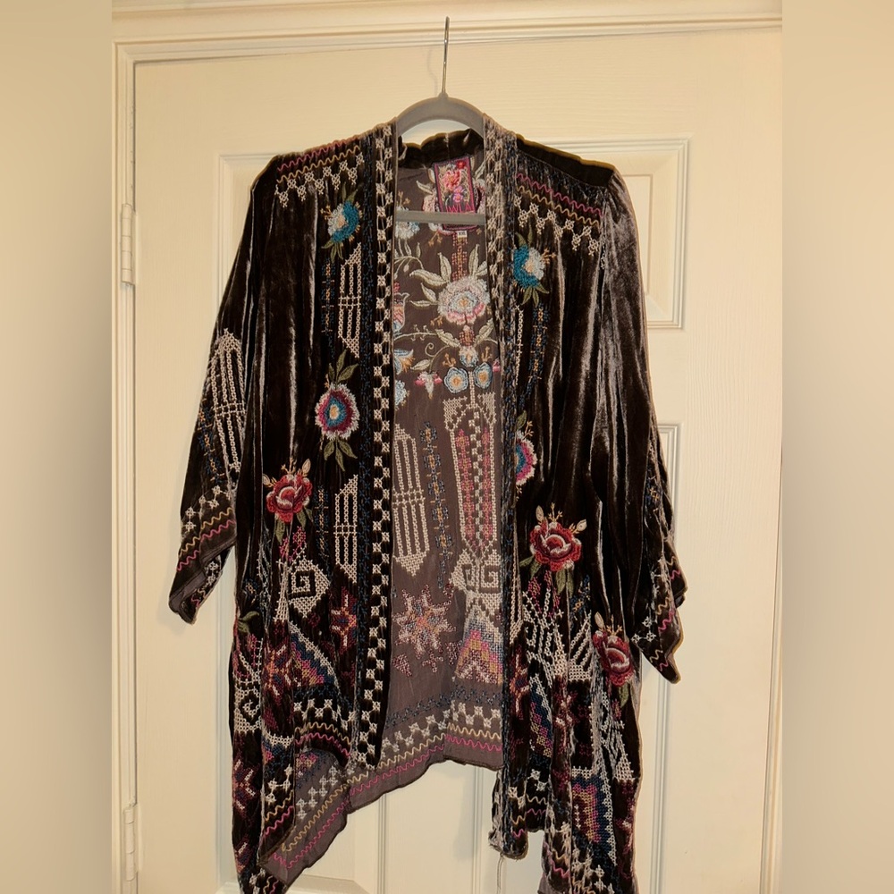 PLUS SIZE - Johnny Was Embroidered Brown Open Front Drape Cardigan